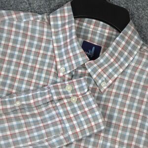Johnnie O Mens M Button Down Shirt Plaid Long Sleeve Cotton Spandx Gray Red Blue
